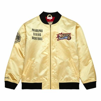 NBA 76ers ジャケット サテン ヴィンテージロゴ  ライトウェイト ミッチェル＆ネス/Mitchell & Ness ゴールド