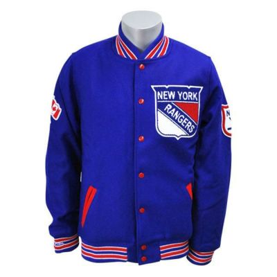 NHL レンジャース ジャケット ブルー ミッチェル＆ネス Wool/Leather Varsity Front Snap ジャケット【OCSL】
