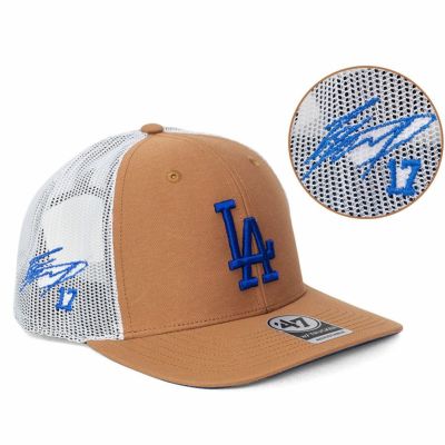 MLB 大谷翔平 ドジャース キャップ 【海外買付】Chameau Trucker Adjustable サイン刺繍 47Brand カーキ ホワイト