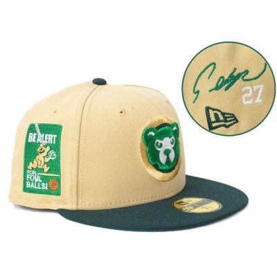 MLB 鈴木誠也 カブス キャップ 【海外買付】ファールボールに注意パッチ 59FIFTY サイン刺繍 ニューエラ/New Era ゴールド グリーン